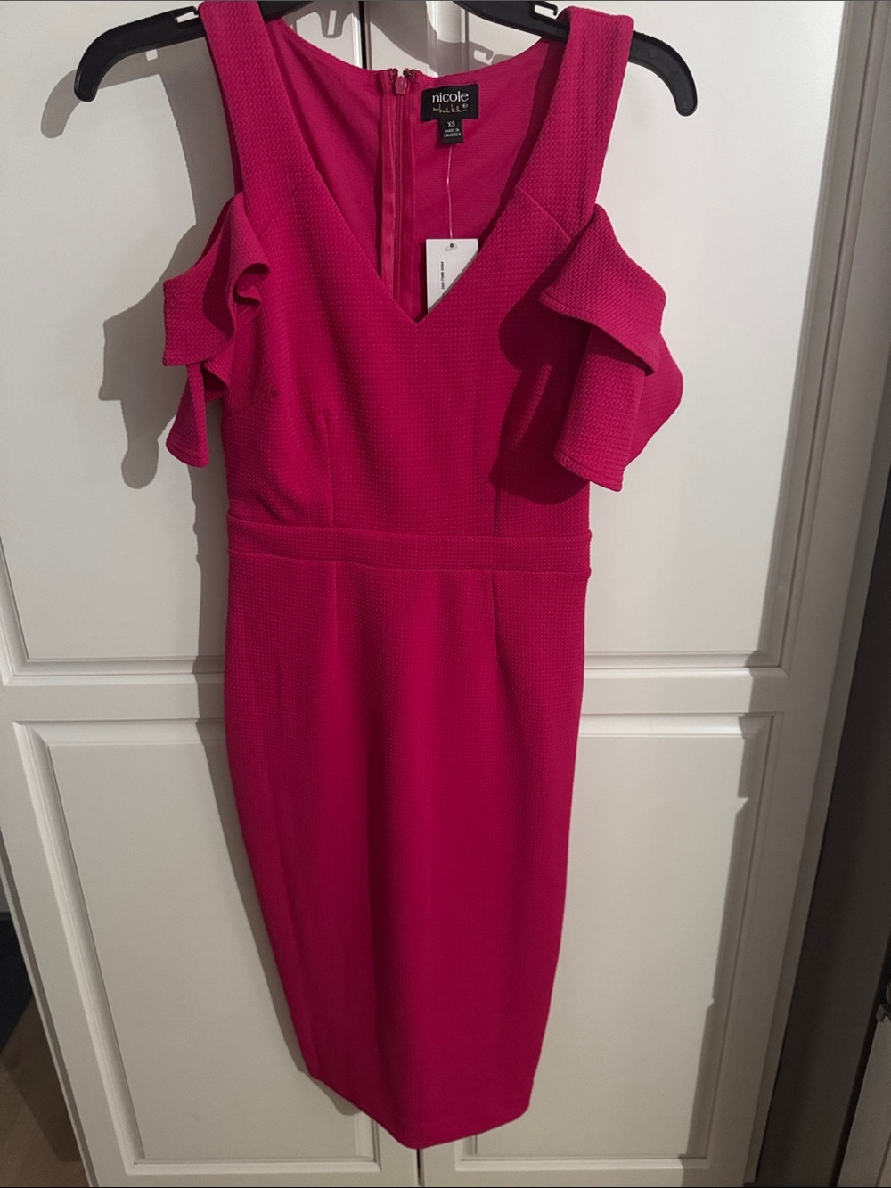 Nicole by Nicole Miller Hot Pink Cold-Shoulder Ruffle Midi Dress